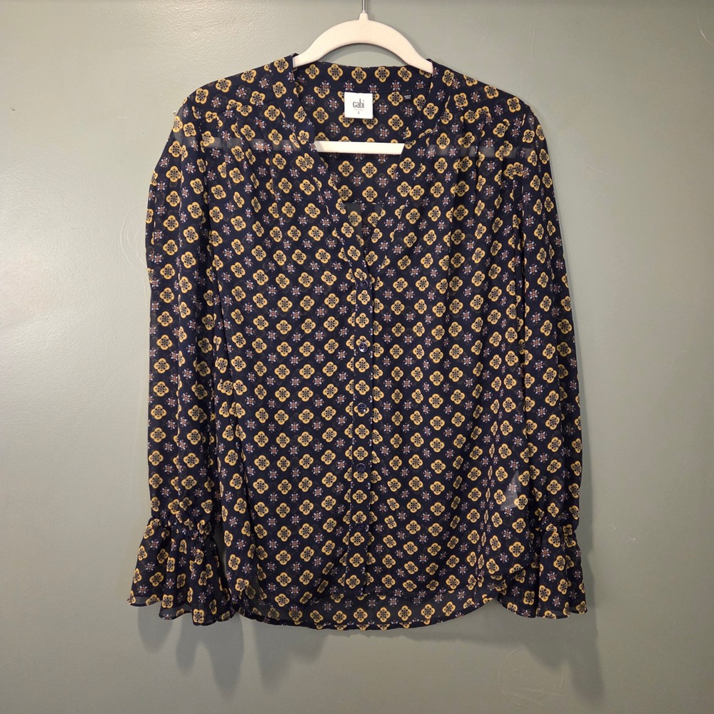 CAbi Women's Sheer Mosaic Print Long Sleeve Blouse Size S Flare Sleeve